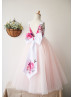 Printed Satin Blush Pink Tulle V Back Ankle Length Flower Girl Dress 